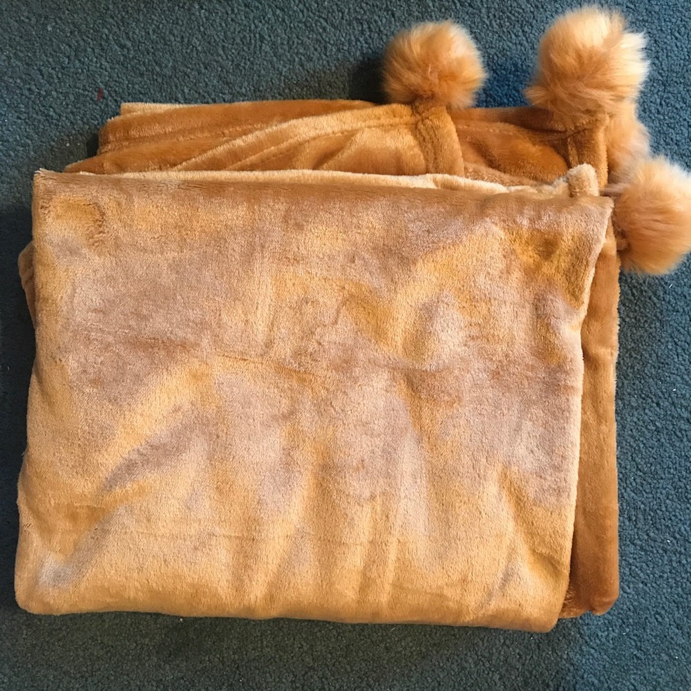 Gold Fuzzy Throw Blanket with Pom Pom Detail